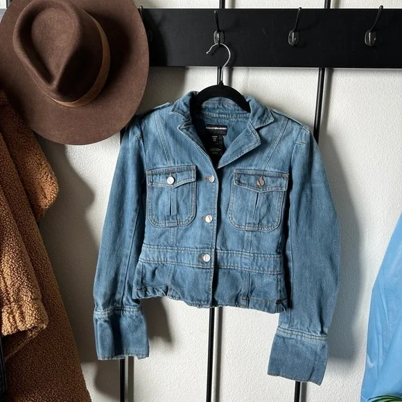 Bebe medium wash military style denim jean button fitted y2k 2000s jacket coat - Picture 1 of 5